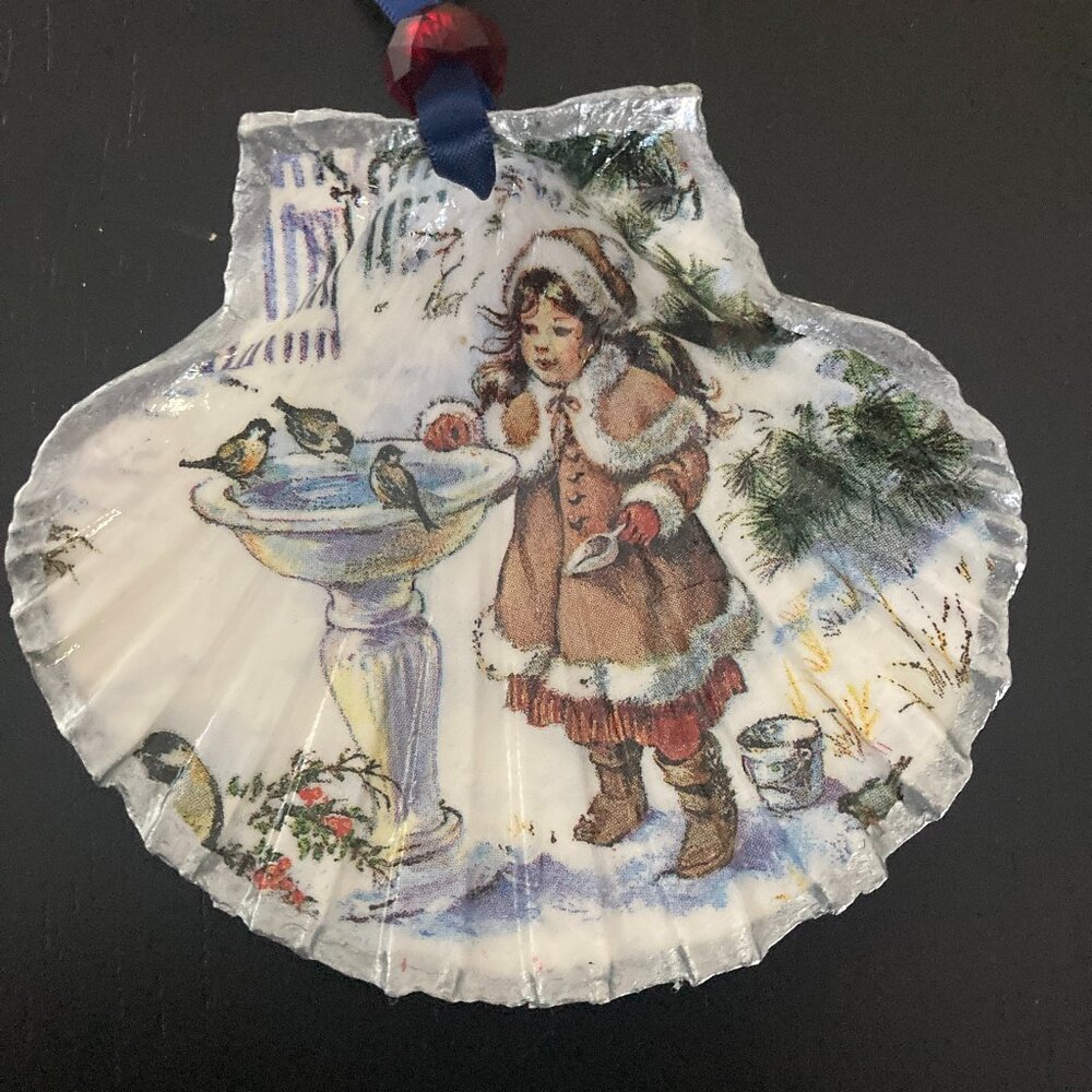 Handmade Christmas Ornament - Decoupaged Scallop Shell